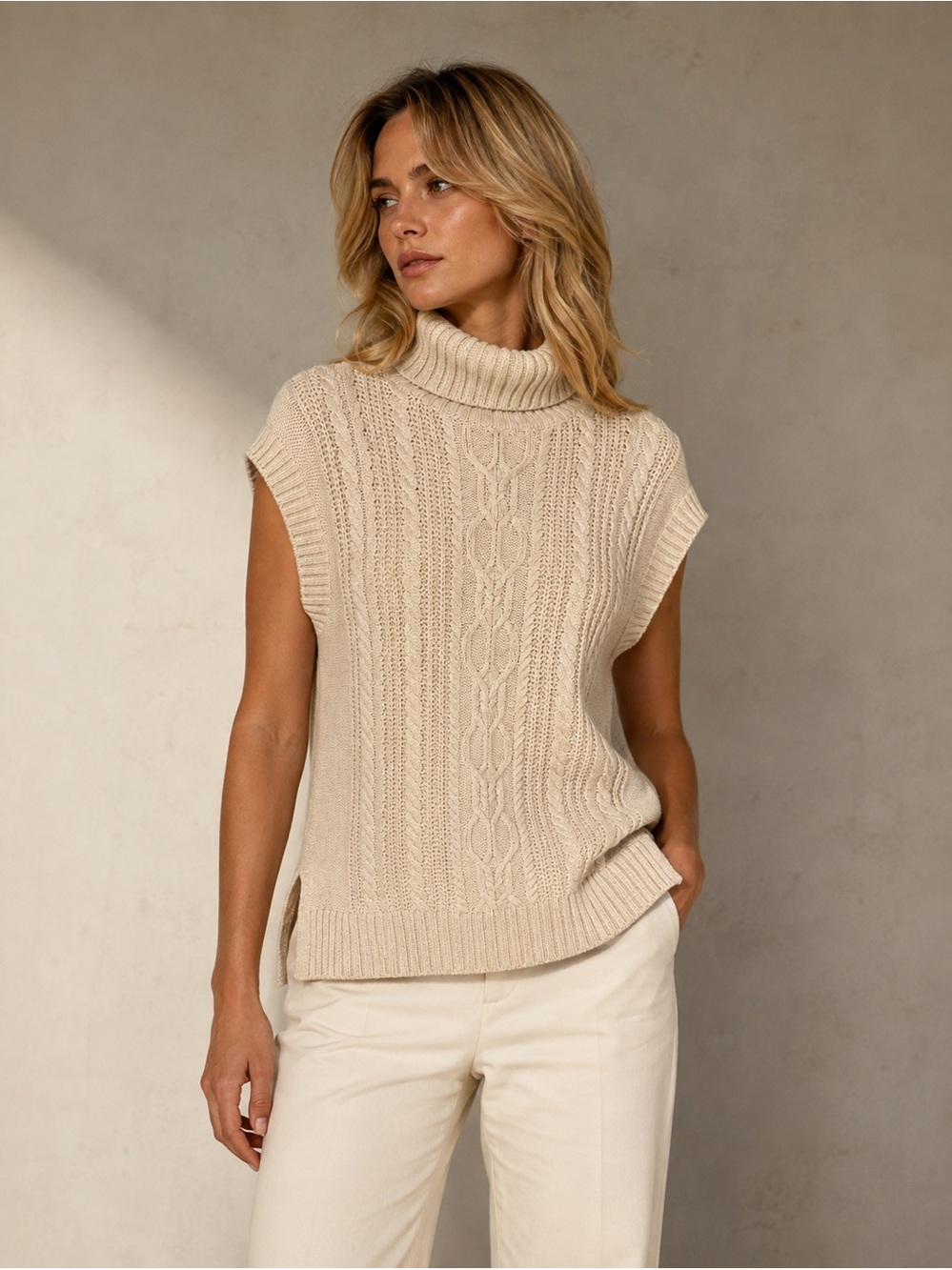 Sleeveless Cable Knit Turtleneck Sweater Vest in Cream